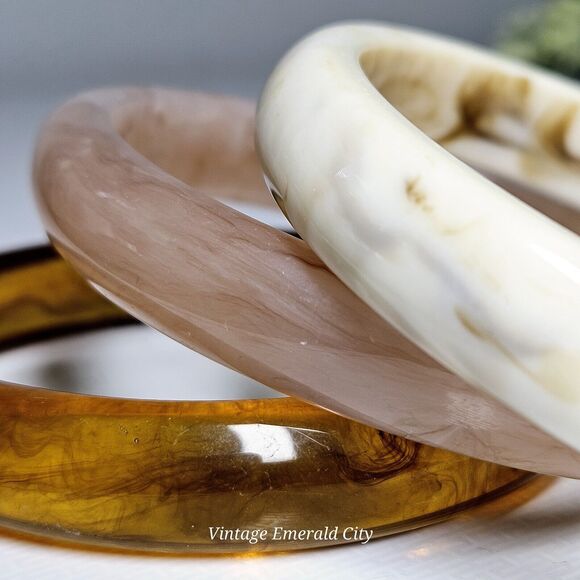 Cherry Tree Marble Swirl Bangles Pink Brown & White Bracelets Boho Set 3 Acrylic - Picture 9 of 10